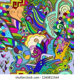 Tracery seamless pattern. Mehndi design. Ethnic colorful doodle texture. Curved doodling background. Vector