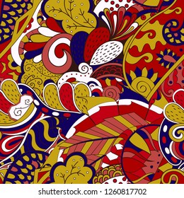 Tracery seamless pattern. Mehndi design. Ethnic colorful doodle texture. Curved doodling background. Vector