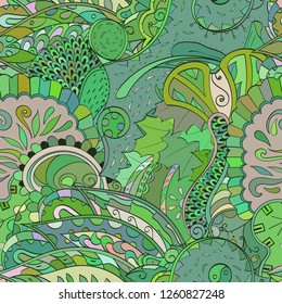 Tracery seamless pattern. Mehndi design. Ethnic colorful doodle texture. Curved doodling background. Vector