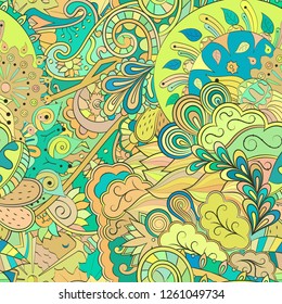 Tracery seamless pattern. Mehndi design. Ethnic colorful doodle texture. Curved doodling background. Vector