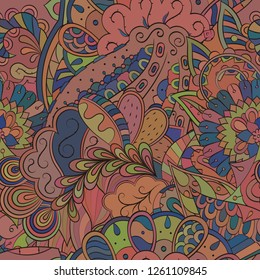 Tracery seamless pattern. Mehndi design. Ethnic colorful doodle texture. Curved doodling background. Vector