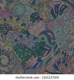 Tracery seamless pattern. Mehndi design. Ethnic colorful doodle texture. Curved doodling background. Vector