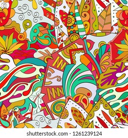 Tracery seamless pattern. Mehndi design. Ethnic colorful doodle texture. Curved doodling background. Vector