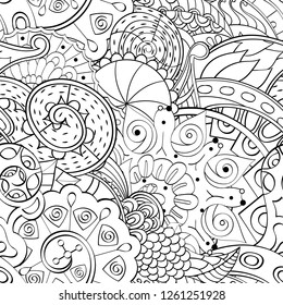 Tracery seamless pattern. Mehndi design. Ethnic monochrome binary doodle texture. Curved doodling black and white background. Vector