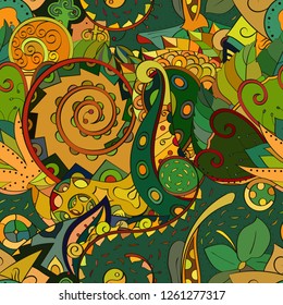 Tracery seamless pattern. Mehndi design. Ethnic colorful doodle texture. Curved doodling background. Vector