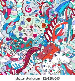 Tracery seamless pattern. Mehndi design. Ethnic colorful doodle texture. Curved doodling background. Vector