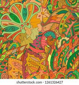 Tracery seamless pattern. Mehndi design. Ethnic colorful doodle texture. Curved doodling background. Vector