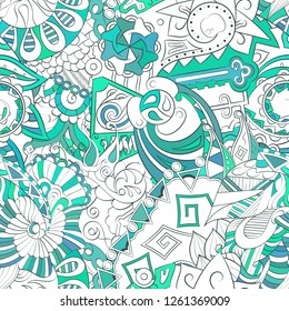 Tracery seamless pattern. Mehndi design. Ethnic colorful doodle texture. Curved doodling background. Vector