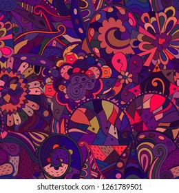 Tracery seamless pattern. Mehndi design. Ethnic colorful doodle texture. Curved doodling background. Vector