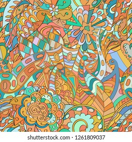 Tracery seamless pattern. Mehndi design. Ethnic colorful doodle texture. Curved doodling background. Vector