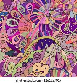 Tracery seamless pattern. Mehndi design. Ethnic colorful doodle texture. Curved doodling background. Vector