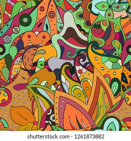 Tracery seamless pattern. Mehndi design. Ethnic colorful doodle texture. Curved doodling background. Vector