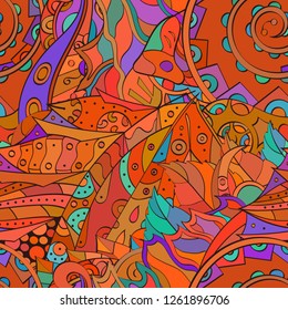 Tracery seamless pattern. Mehndi design. Ethnic colorful doodle texture. Curved doodling background. Vector