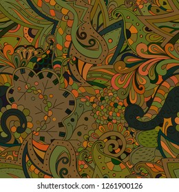 Tracery seamless pattern. Mehndi design. Ethnic colorful doodle texture. Curved doodling background. Vector