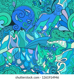 Tracery seamless pattern. Mehndi design. Ethnic colorful doodle texture. Curved doodling background. Vector