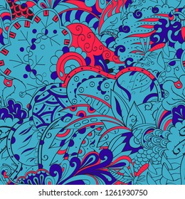 Tracery seamless pattern. Mehndi design. Ethnic colorful doodle texture. Curved doodling background. Vector
