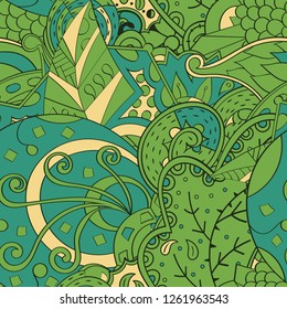 Tracery seamless pattern. Mehndi design. Ethnic colorful doodle texture. Curved doodling background. Vector