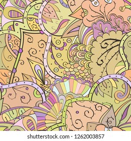 Tracery seamless pattern. Mehndi design. Ethnic colorful doodle texture. Curved doodling background. Vector