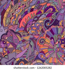 Tracery seamless pattern. Mehndi design. Ethnic colorful doodle texture. Curved doodling background. Vector