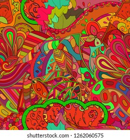 Tracery seamless pattern. Mehndi design. Ethnic colorful doodle texture. Curved doodling background. Vector