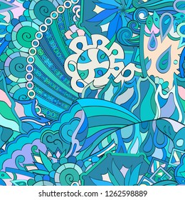 Tracery seamless pattern. Mehndi design. Ethnic colorful doodle texture. Curved doodling background. Vector