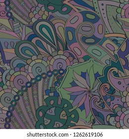 Tracery seamless pattern. Mehndi design. Ethnic colorful doodle texture. Curved doodling background. Vector