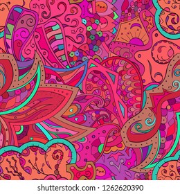 Tracery seamless pattern. Mehndi design. Ethnic colorful doodle texture. Curved doodling background. Vector