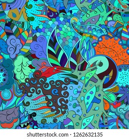 Tracery seamless pattern. Mehndi design. Ethnic colorful doodle texture. Curved doodling background. Vector