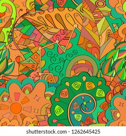 Tracery seamless pattern. Mehndi design. Ethnic colorful doodle texture. Curved doodling background. Vector