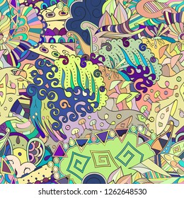 Tracery seamless pattern. Mehndi design. Ethnic colorful doodle texture. Curved doodling background. Vector