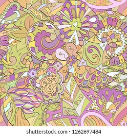 Tracery seamless pattern. Mehndi design. Ethnic colorful doodle texture. Curved doodling background. Vector