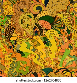 Tracery seamless pattern. Mehndi design. Ethnic colorful doodle texture. Curved doodling background. Vector
