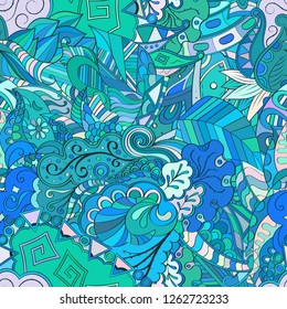 Tracery seamless pattern. Mehndi design. Ethnic colorful doodle texture. Curved doodling background. Vector