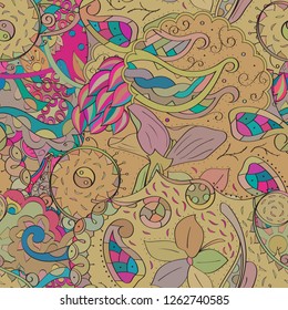 Tracery seamless pattern. Mehndi design. Ethnic colorful doodle texture. Curved doodling background. Vector
