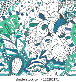 Tracery seamless pattern. Mehndi design. Ethnic colorful doodle texture. Curved doodling background. Vector