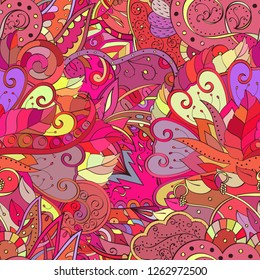 Tracery seamless pattern. Mehndi design. Ethnic colorful doodle texture. Curved doodling background. Vector
