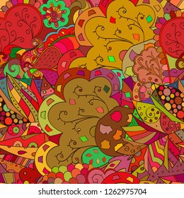Tracery seamless pattern. Mehndi design. Ethnic colorful doodle texture. Curved doodling background. Vector