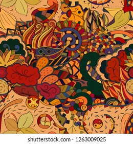 Tracery seamless pattern. Mehndi design. Ethnic colorful doodle texture. Curved doodling background. Vector