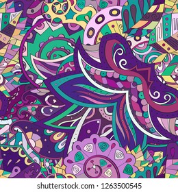 Tracery seamless pattern. Mehndi design. Ethnic colorful doodle texture. Curved doodling background. Vector