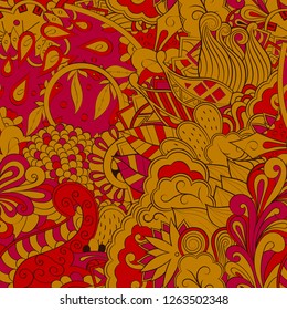 Tracery seamless pattern. Mehndi design. Ethnic colorful doodle texture. Curved doodling background. Vector