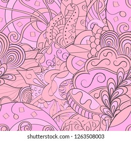 Tracery seamless pattern. Mehndi design. Ethnic colorful doodle texture. Curved doodling background. Vector