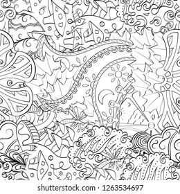 Tracery seamless pattern. Mehndi design. Ethnic monochrome binary doodle texture. Curved doodling black and white background. Vector