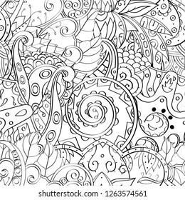 Tracery seamless pattern. Mehndi design. Ethnic monochrome binary doodle texture. Curved doodling black and white background. Vector