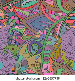 Tracery seamless pattern. Mehndi design. Ethnic colorful doodle texture. Curved doodling background. Vector