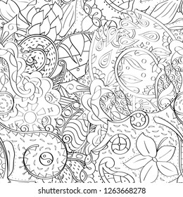 Tracery seamless pattern. Mehndi design. Ethnic monochrome binary doodle texture. Curved doodling black and white background. Vector