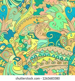 Tracery seamless pattern. Mehndi design. Ethnic colorful doodle texture. Curved doodling background. Vector