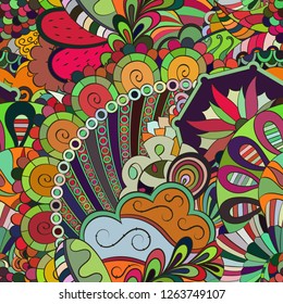 Tracery seamless pattern. Mehndi design. Ethnic colorful doodle texture. Curved doodling background. Vector