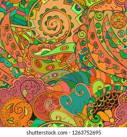 Tracery seamless pattern. Mehndi design. Ethnic colorful doodle texture. Curved doodling background. Vector