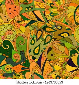 Tracery seamless pattern. Mehndi design. Ethnic colorful doodle texture. Curved doodling background. Vector