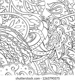 Tracery seamless pattern. Mehndi design. Ethnic monochrome binary doodle texture. Curved doodling black and white background. Vector